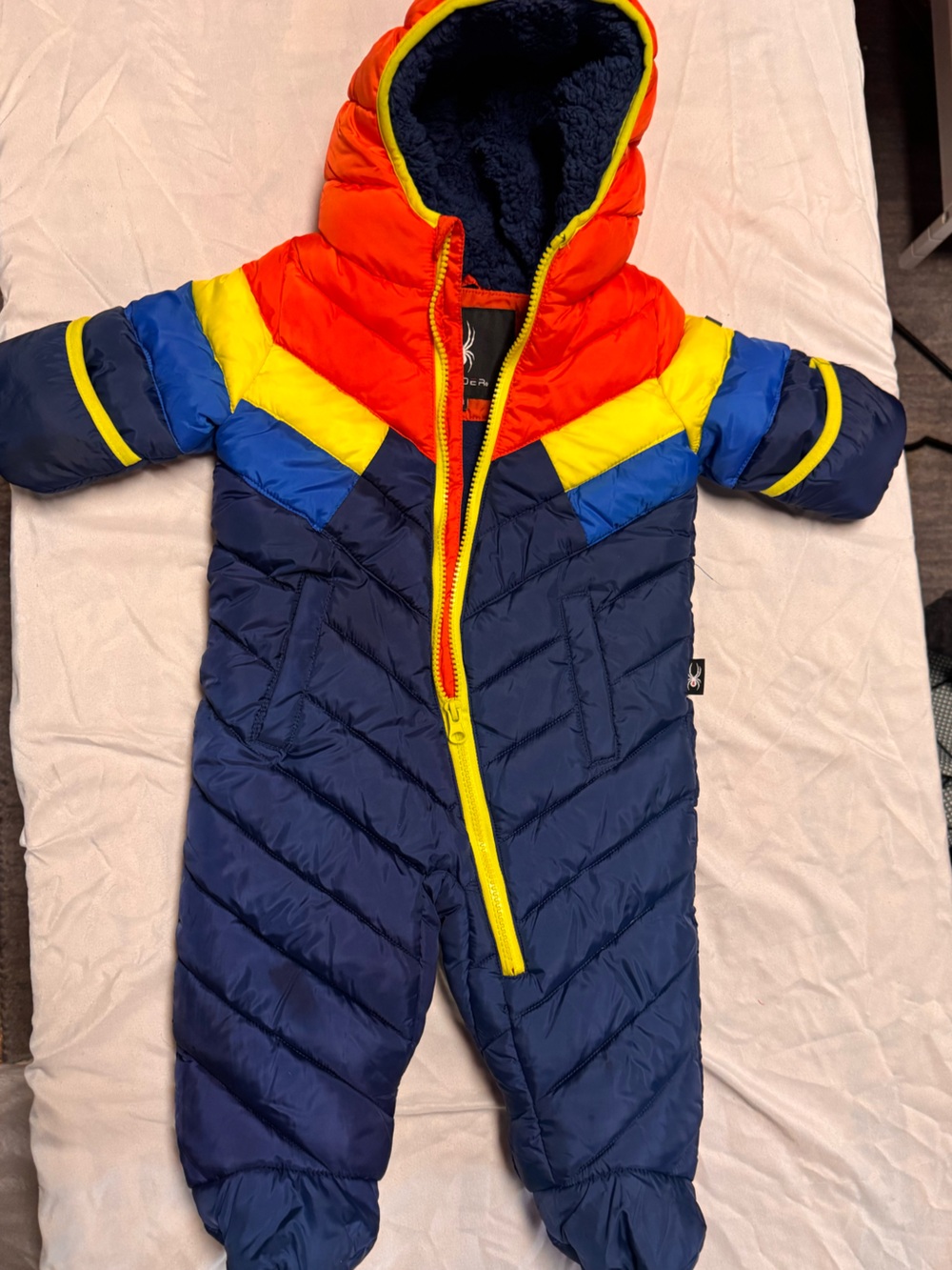 Spyder Orange , Yellow & Navy Colorblock Puffer Snowsuit